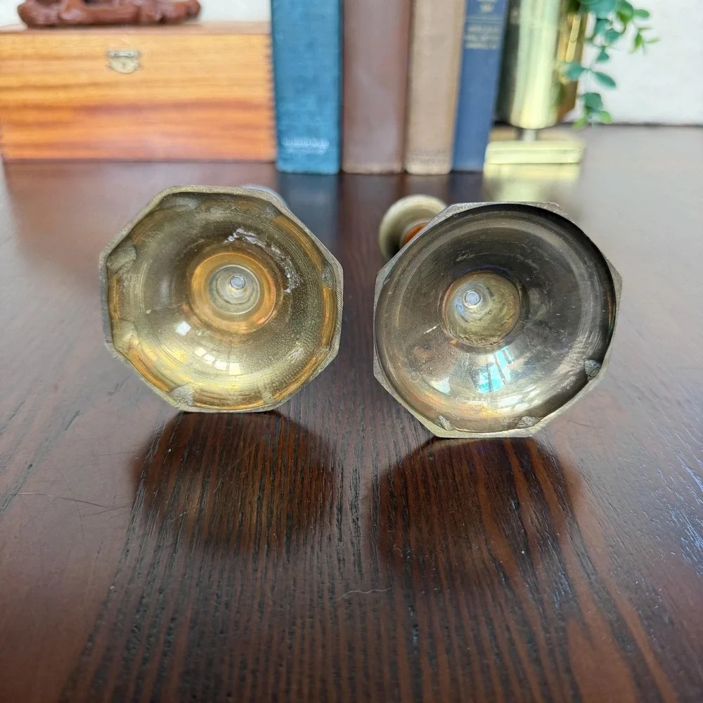 Vintage Brass & Wood Candlesticks Pair